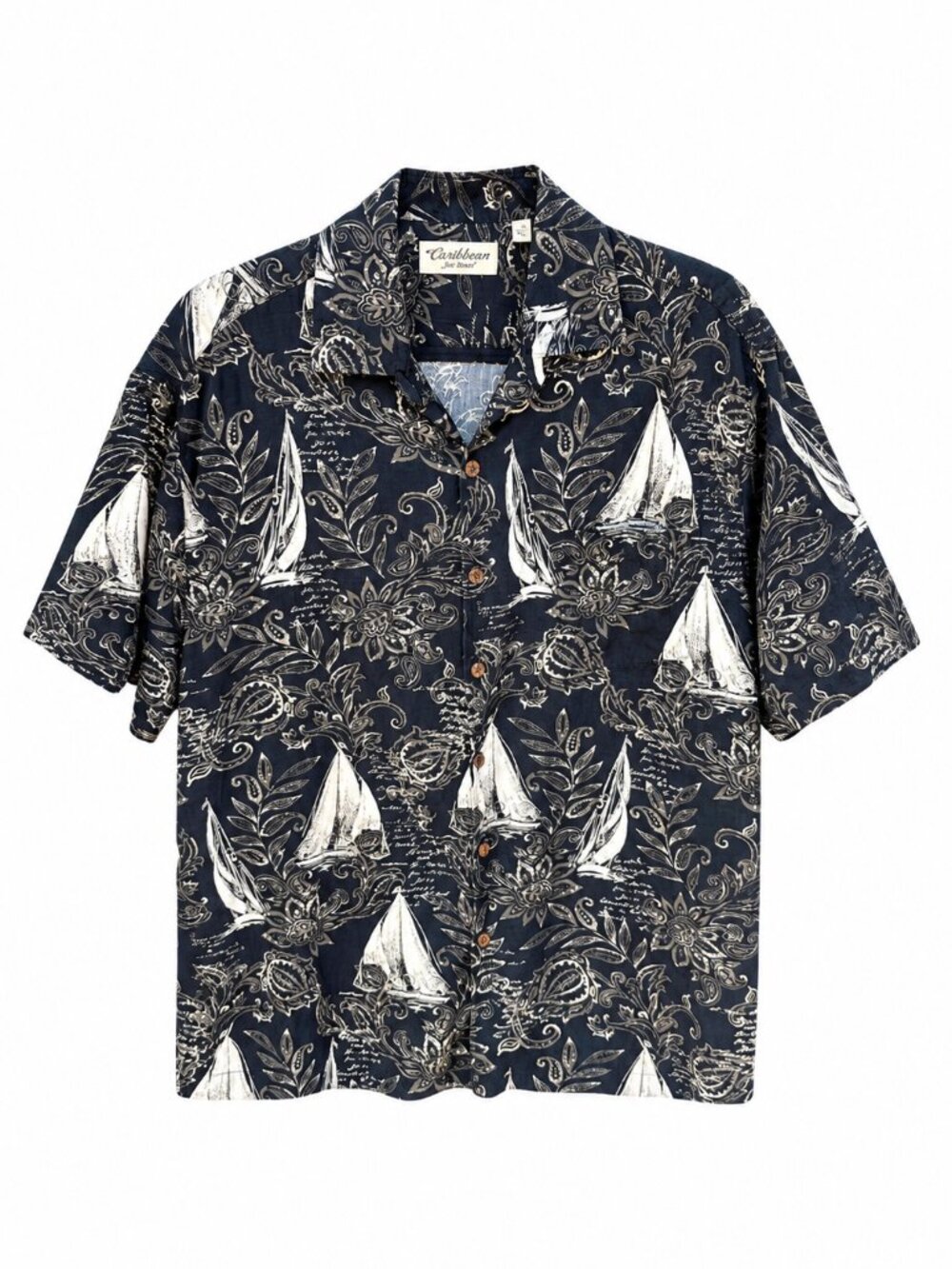 Caribbean Men’s Black Silk Sailboat Nautical Camp Shirt Short Sleeve